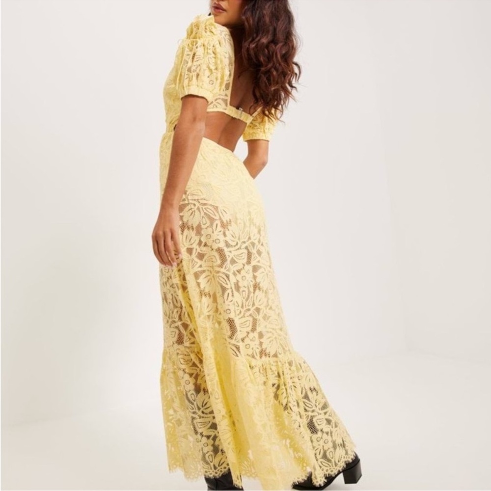 For Love and Lemons yellow lace maxi dress with cut out detail & puff sleeves. S